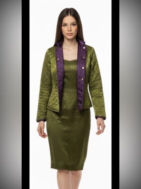 New WORTH 3 Piece Suit Silk Reversible Green Purple Skirt Jacket Tank Top